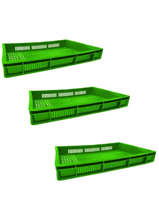 3pcs of Plastic Storage Crate 600x400x80mm Stackable Food Grade Ventilated Catering Crate Heavy Duty - Green